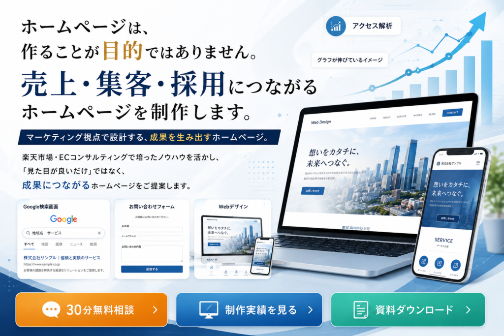 ホームページは、作ることが目的ではありません。 売上・集客・採用につながるホームページを制作します。 マーケティング視点で設計する、成果を生み出すホームページ。 楽天市場・ECコンサルティングで培ったノウハウを活かし、 「見た目が良いだけ」ではなく、 成果につながるホームページをご提案します。 CTA 【30分無料相談】 【制作実績を見る】 【資料ダウンロード】 背景イメージ ノートPC スマートフォン Google検索画面 お問い合わせフォーム アクセス解析 Webデザイン グラフが伸びているイメージ