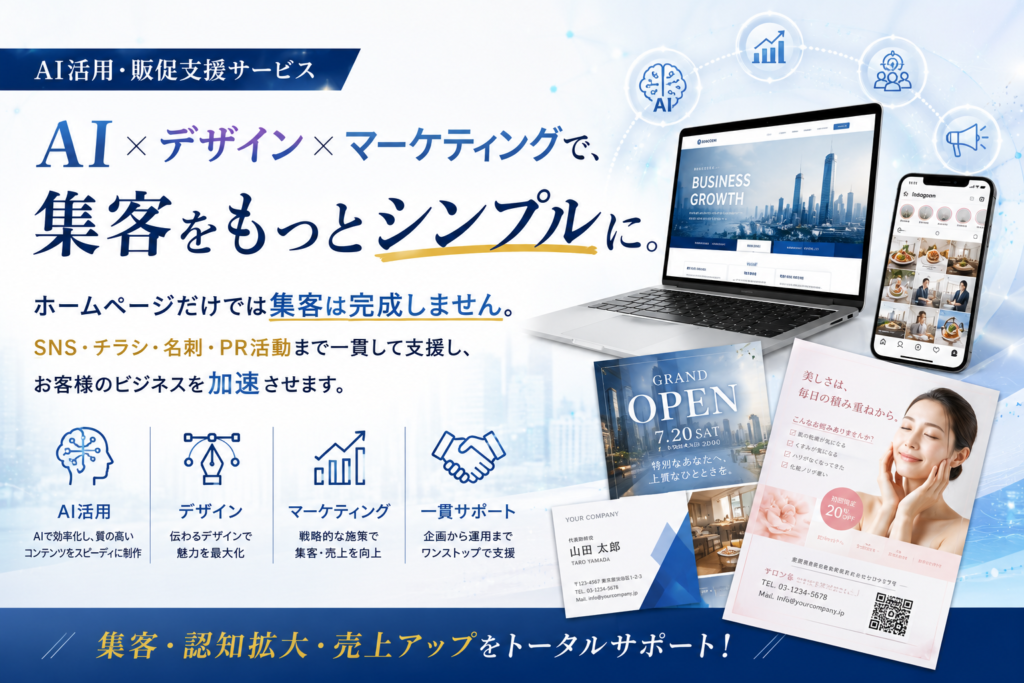 AI×デザイン×マーケティングで、 集客をもっとシンプルに。 ホームページだけでは集客は完成しません。 SNS・チラシ・名刺・PR活動まで一貫して支援し、 お客様のビジネスを加速させます。