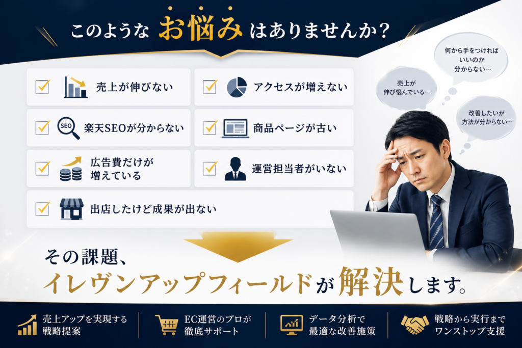 イレヴンアップフィールドが選ばれる理由 ① 楽天市場出身コンサルタント 楽天市場の運営経験を活かした実践型コンサルティング。 ② 戦略だけでは終わらない 分析 ↓ 改善提案 ↓ 制作 ↓ 運営 ↓ 広告 ↓ 改善 までワンストップ。 ③ 制作会社ではなく売上改善会社 ホームページを作ることが目的ではありません。 売上を伸ばすことが目的です。 ④ モールも自社ECも対応 楽天市場 Amazon Yahoo! Shopify MakeShop FutureShop ECCUBE ⑤ 長期的な伴走支援 月次レポート アクセス解析 広告改善 SEO改善 商品ページ改善 レビュー改善 まで対応。