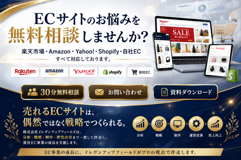 無料相談CTA ECサイトのお悩みを無料相談しませんか？ 楽天市場 Amazon Yahoo! Shopify 自社EC すべて対応しております。 【30分無料相談】 【お問い合わせ】 【資料ダウンロード】 最後に（キャッチコピー） 売れるECサイトは、偶然ではなく戦略でつくられる。 株式会社イレヴンアップフィールドは、 分析・戦略・制作・運営改善まで一貫して伴走し、 貴社EC事業の成長を支援します。